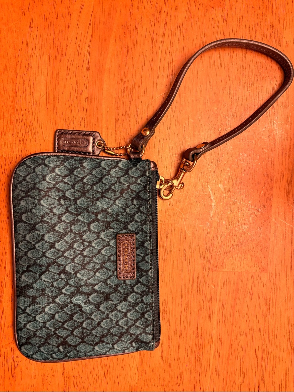 Coach Teal Interior Small Wrist Pouch with Brown Trim